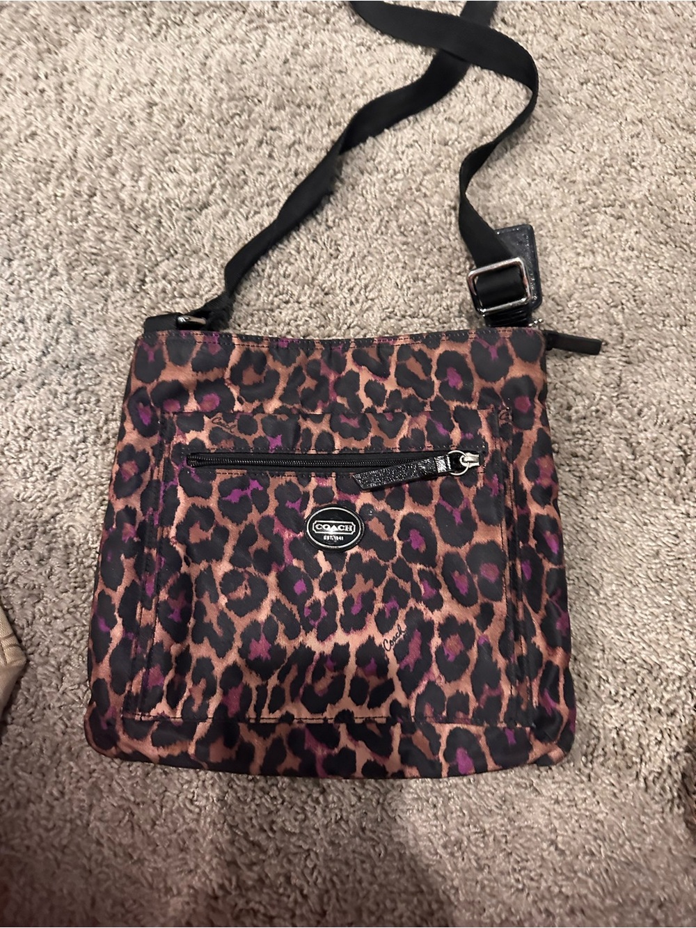 Coach Leopard-Print Crossbody Bag in Brown and Purple with Black Strap